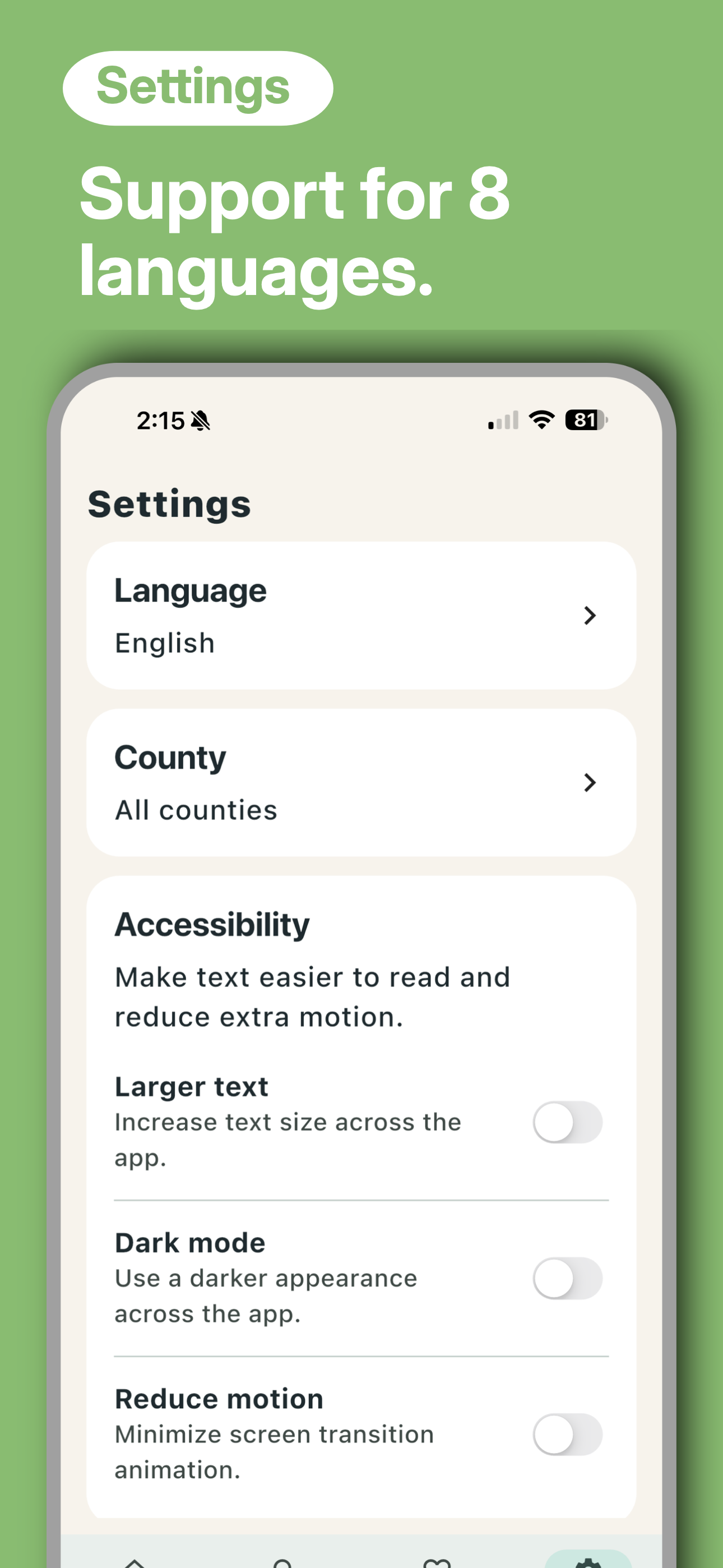 Cali Help language or support screen